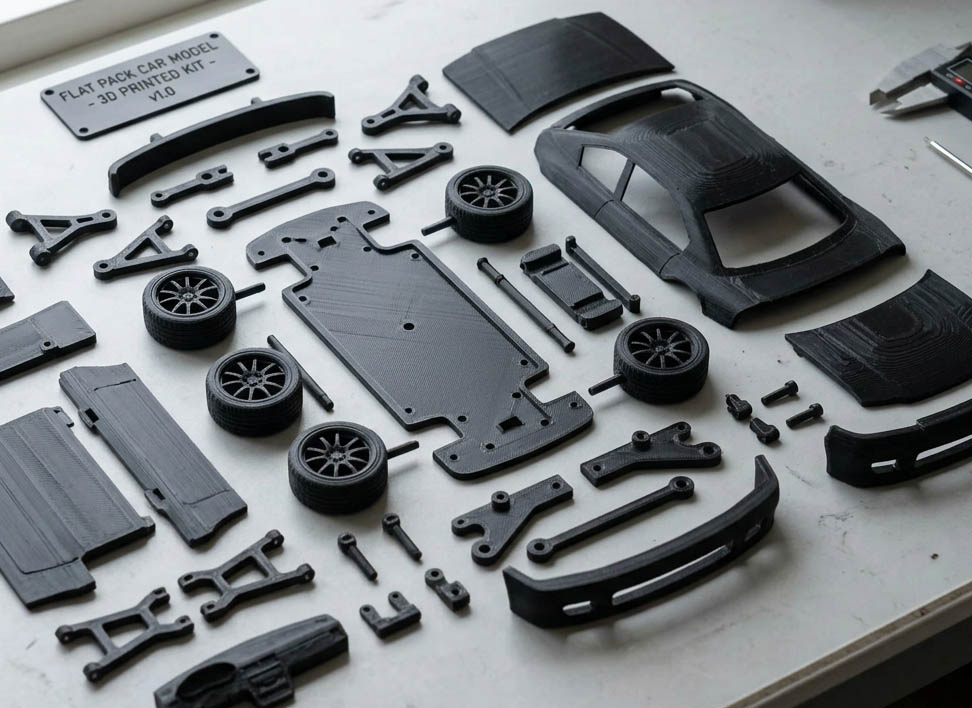 Pièces détachées d'une maquette de voiture à assembler