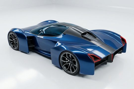 Blue sports car in 3D render, after the drawing