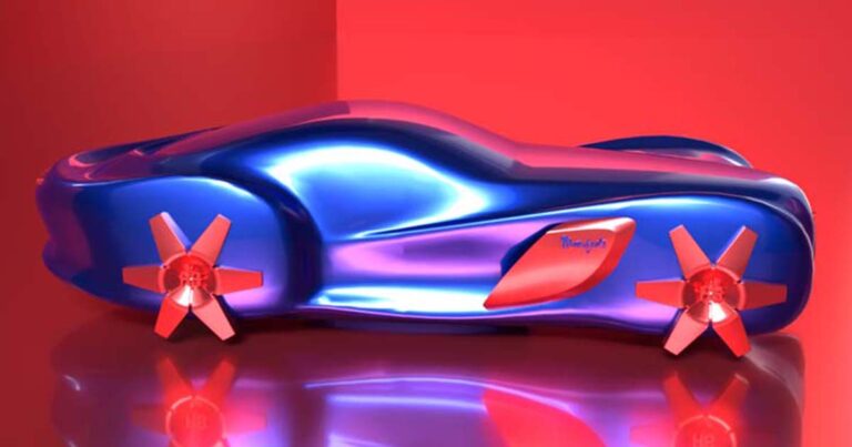 Rendu 3D de la Rochet-Schneider Manifeste bleue aux roues rouges sur fond rouge