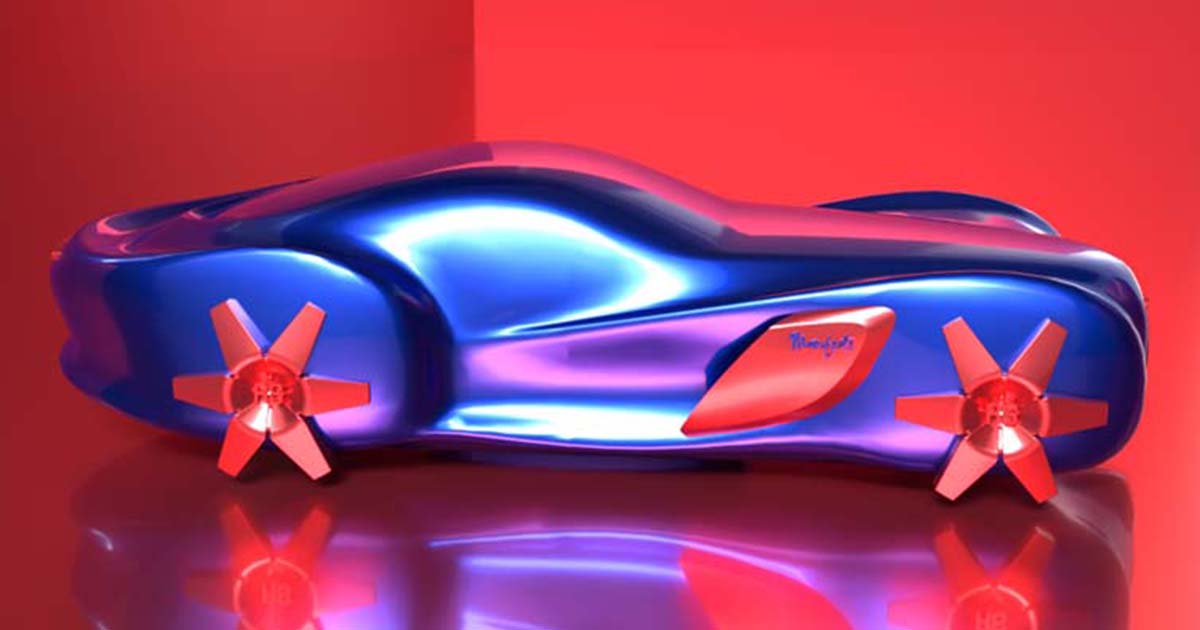 Rendu 3D de la Rochet-Schneider Manifeste bleue aux roues rouges sur fond rouge