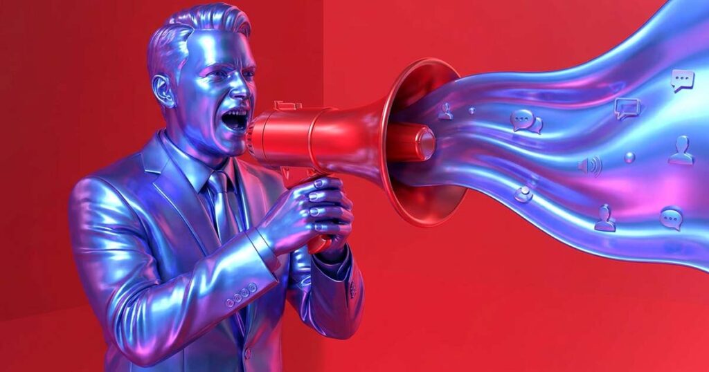 Personnage chromé criant dans un porte-voix rouge d’où s’échappe un flot d’icônes de messages, sur fond rouge